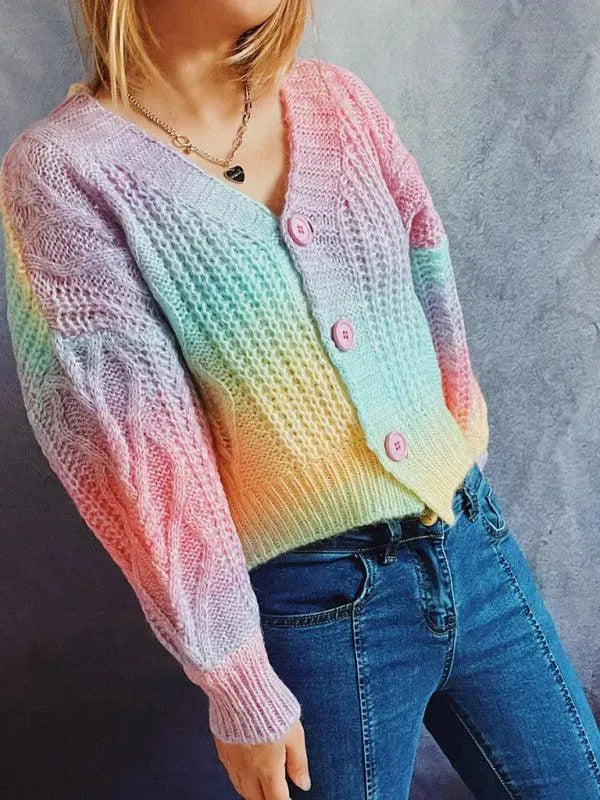 Women’s Ombre V-Neck Cardigan Sweater – Drop Sleeve Knit