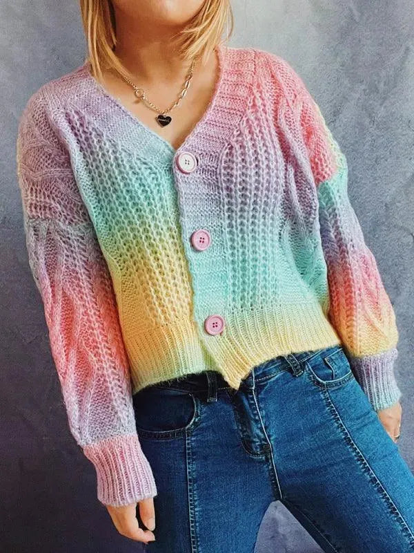 Women’s Ombre V-Neck Cardigan Sweater – Drop Sleeve Knit