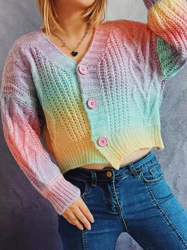 Women’s Ombre V-Neck Cardigan Sweater – Drop Sleeve Knit