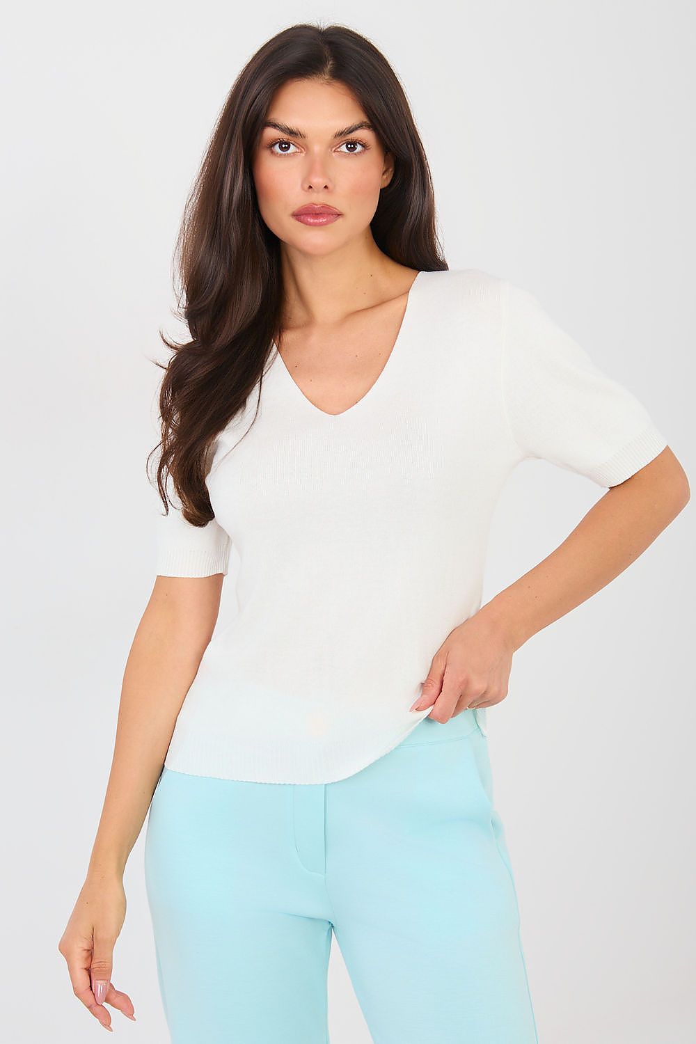 Women Short Sleeve V Neck Sweater-Women's Sweater-LeStyleParfait