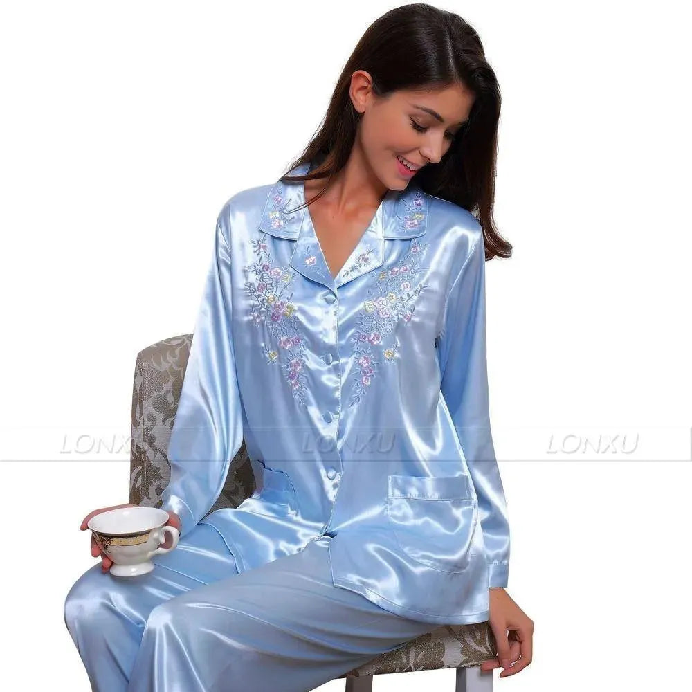 Women Silk Pajama, Embroidered - Pajama Pant Set - LeStyleParfait