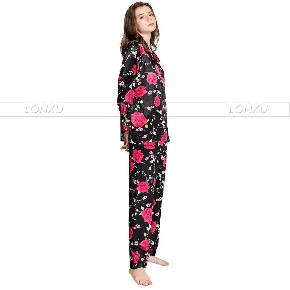 Women Silk Pajama Set, Floral - Pajama Pant Set - LeStyleParfait