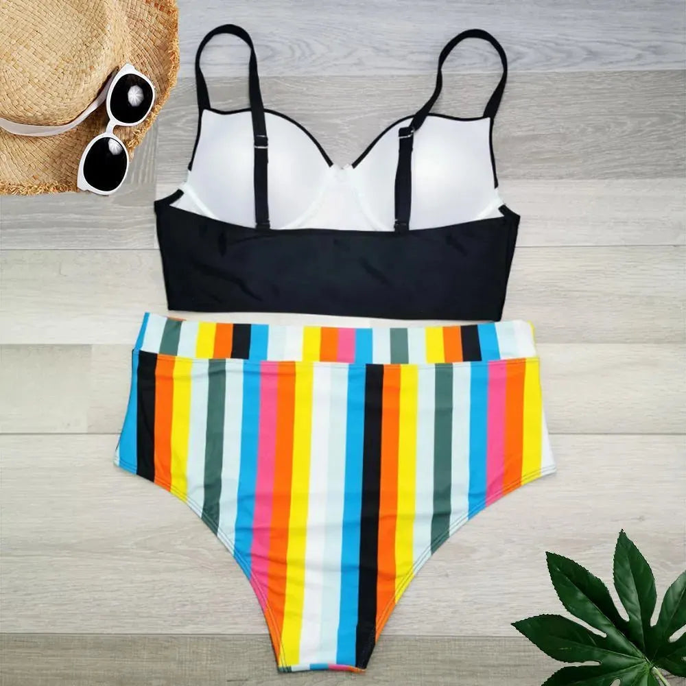 Women Striped Sporty High Waisted Bikini Set