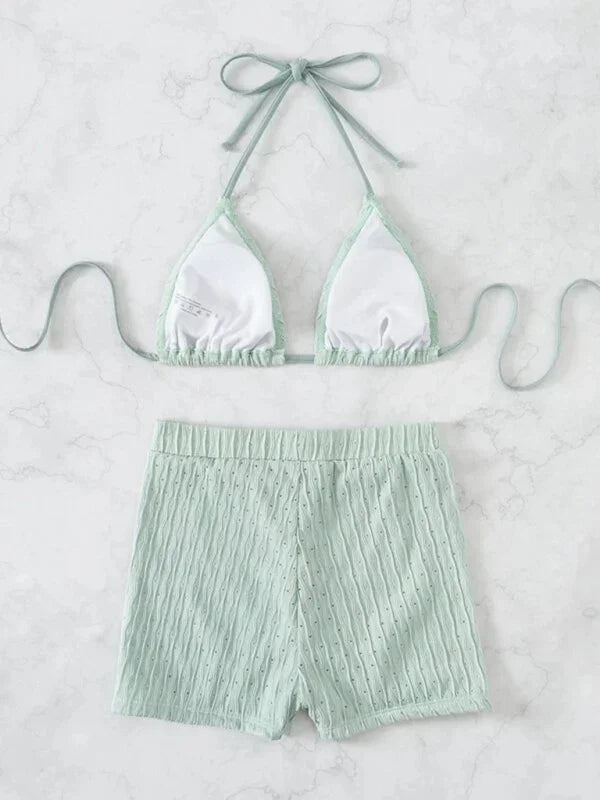 Women White Bikini With Swim Shorts Set