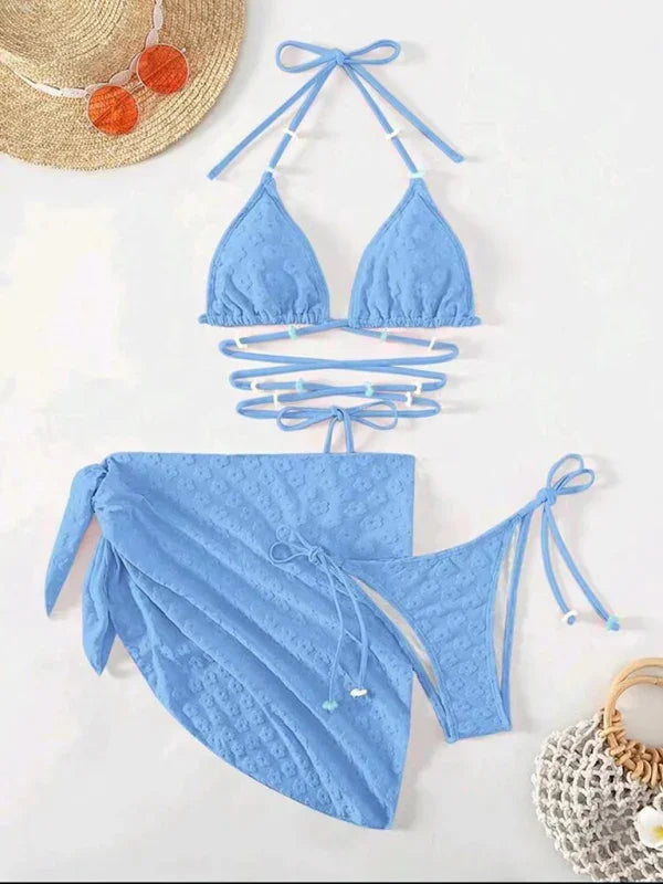 Women White Floral Triangle Bikini Set