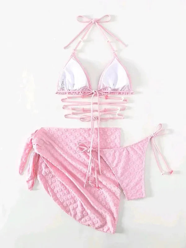 Women White Floral Triangle Bikini Set