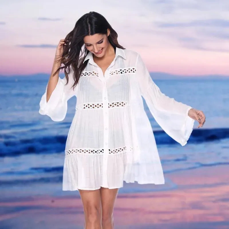 Women White Solid Swimwear Cover-Up