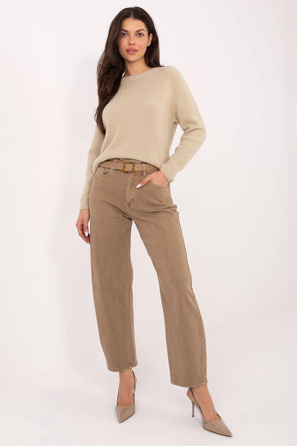Women's Barrel Jeans - Beige High Waist Belted Denim-Straight Leg Jeans-LeStyleParfait