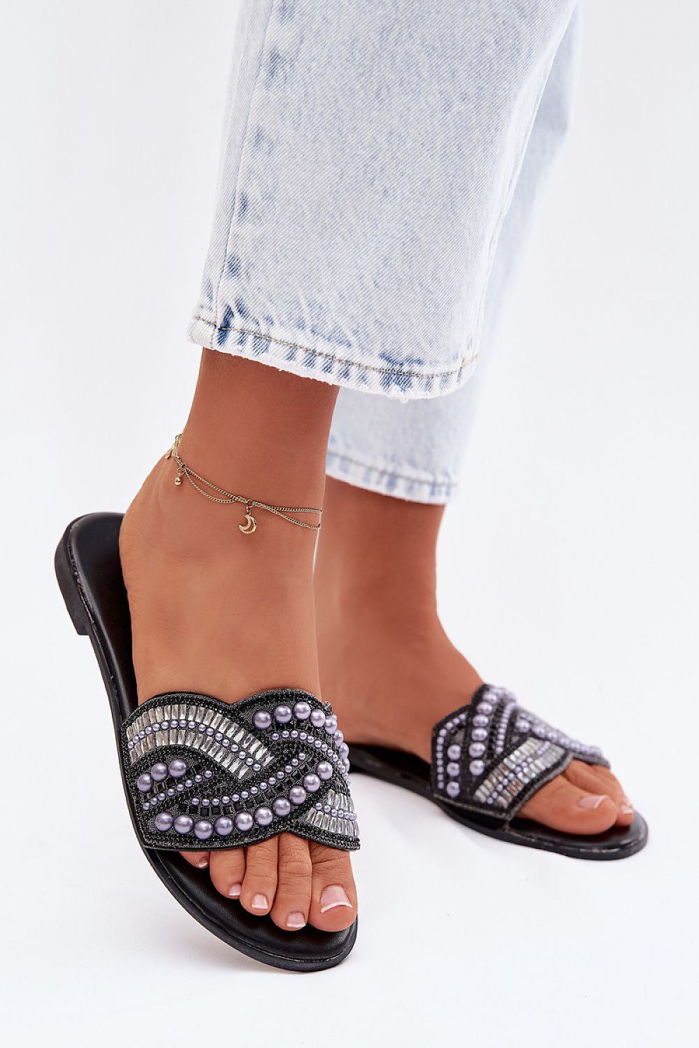 Women’s Beaded Crystal Flat Sandals-Women's Sandals-LeStyleParfait