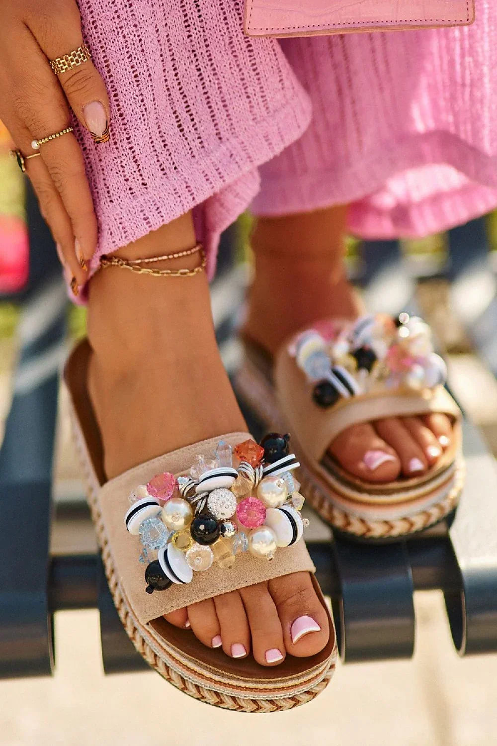 Women’s Beaded Platform Slide Sandals-Women's Sandals-LeStyleParfait