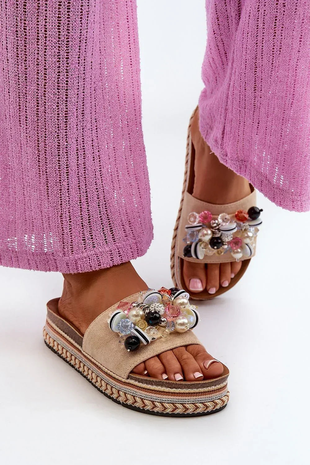 Women’s Beaded Platform Slide Sandals-Women's Sandals-LeStyleParfait