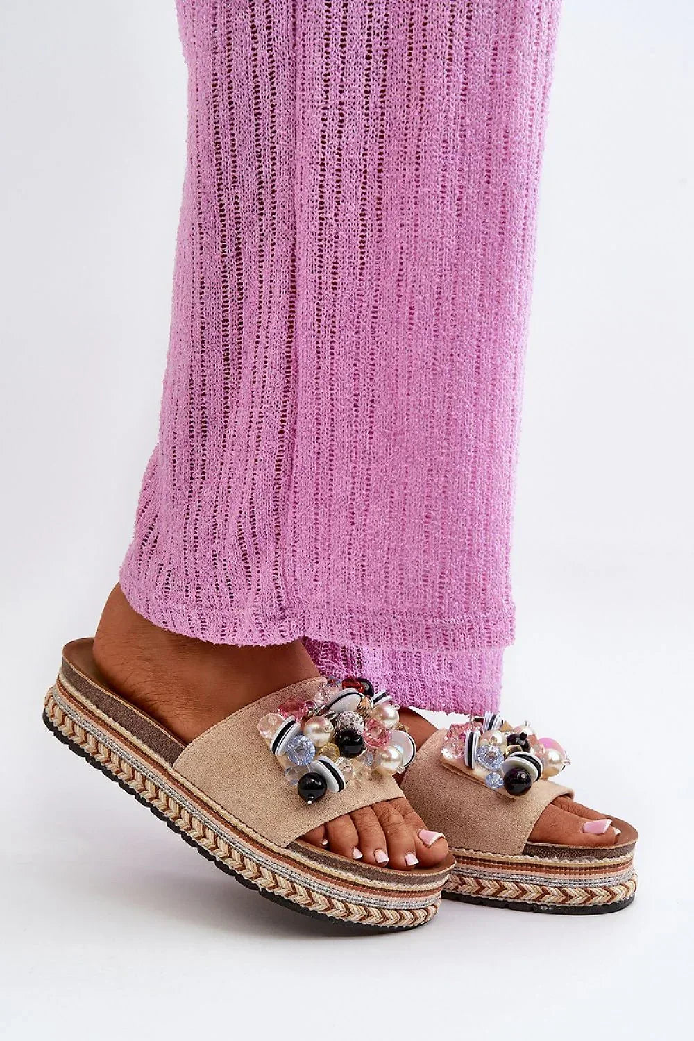 Women’s Beaded Platform Slide Sandals-Women's Sandals-LeStyleParfait