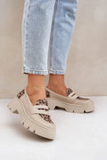 Women’s beige animal print platform moccasin loafers, chunky sole modern women’s moccasins