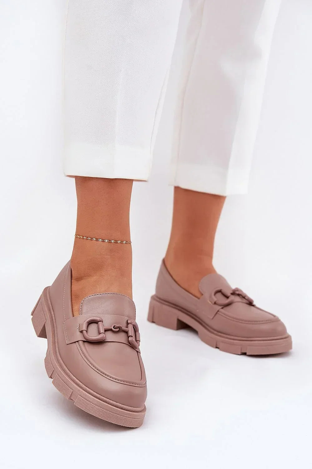 Women’s beige chunky horsebit moccasin loafers, eco friendly women’s chunky loafers with cushioned insole