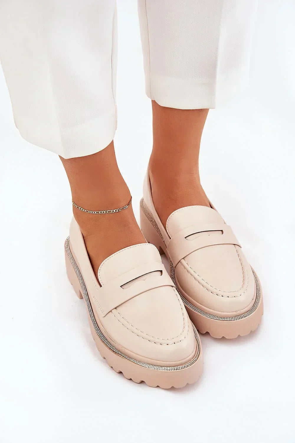 Women’s beige rhinestone penny platform loafers, suede mid heel women’s platform loafers for spring and autumn