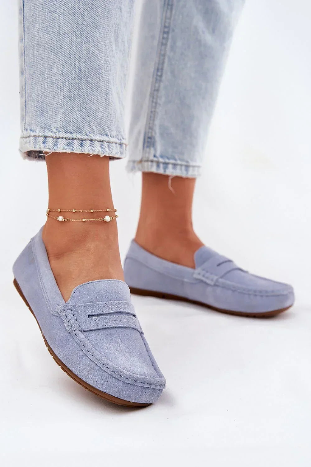 Women’s beige suede penny moccasin loafers, classic flat women’s penny loafers for spring and autumn
