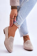 Women’s beige suede perforated moccasin loafers, flat casual women’s moccasin loafers for three‑season wear
