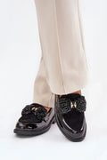 Women’s black bow detail block heel moccasin loafers, casual faux leather women’s loafers