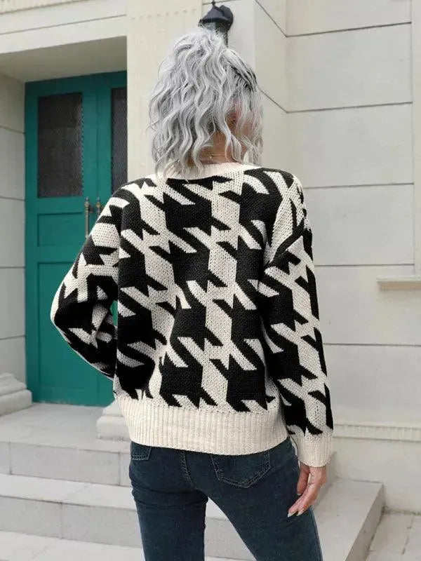 Women's Check Knit V-Neck Button Cardigan Sweater