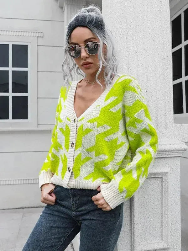 Women's Check Knit V-Neck Button Cardigan Sweater