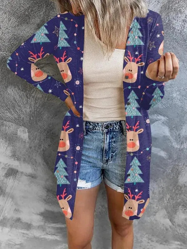 Women’s Christmas Graphic Cardigan Sweater – Festive V-Neck Longline