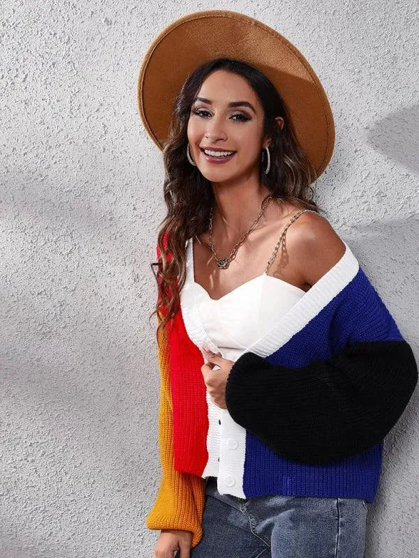 Women's Colorblock V-Neck Button Cardigan Sweater