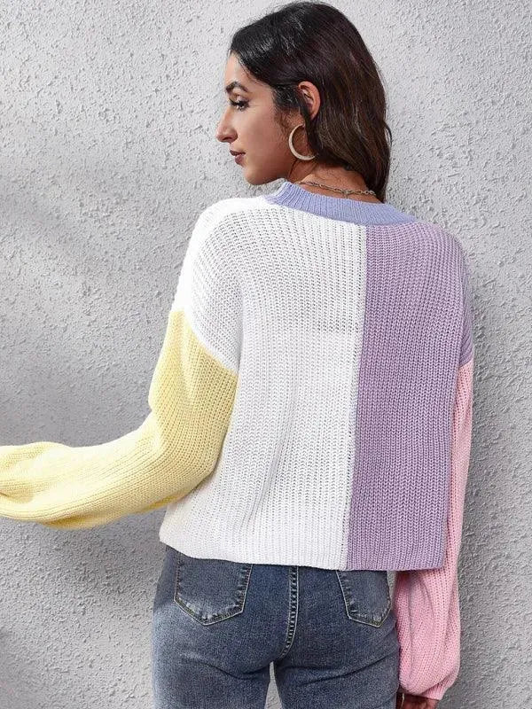 Women's Colorblock V-Neck Button Cardigan Sweater
