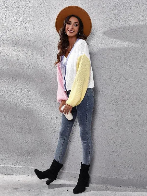 Women's Colorblock V-Neck Button Cardigan Sweater