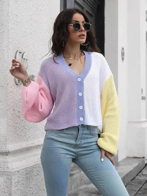 Women’s Colorblock V-Neck Cardigan Sweater – Button Knit