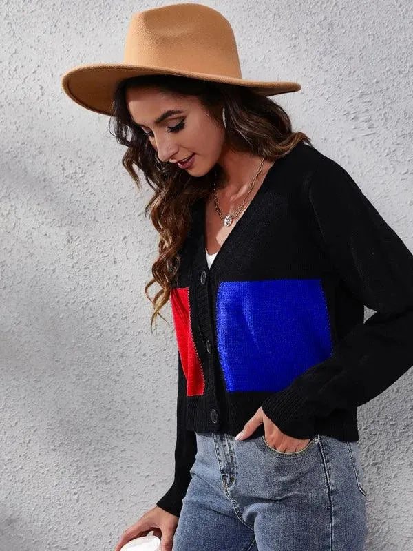 Women's Contrast Stitch V-Neck Button Cardigan Sweater
