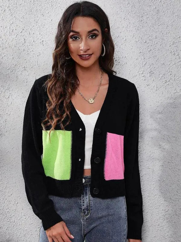 Women's Contrast Stitch V-Neck Button Cardigan Sweater