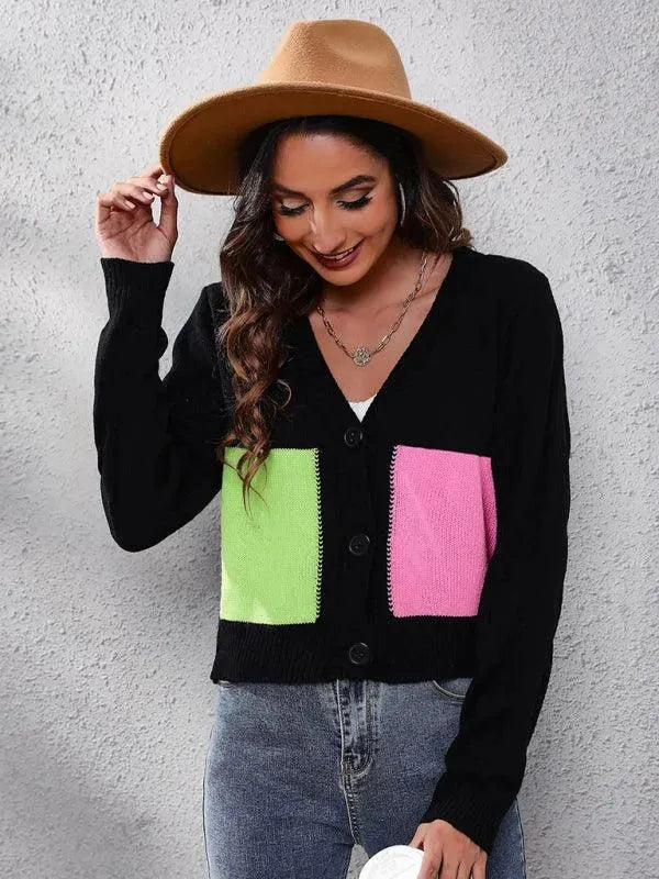 Women's Contrast Stitch V-Neck Button Cardigan Sweater