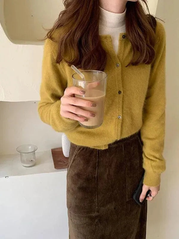 Women’s Crew Neck Button Cardigan Sweater – Minimalist Knit