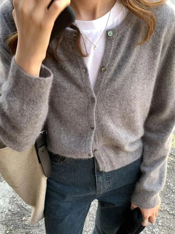 Women’s Crew Neck Button Cardigan Sweater – Minimalist Knit