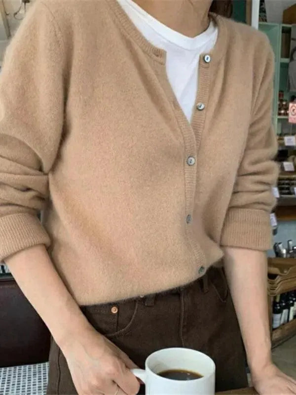 Women’s Crew Neck Button Cardigan Sweater – Minimalist Knit