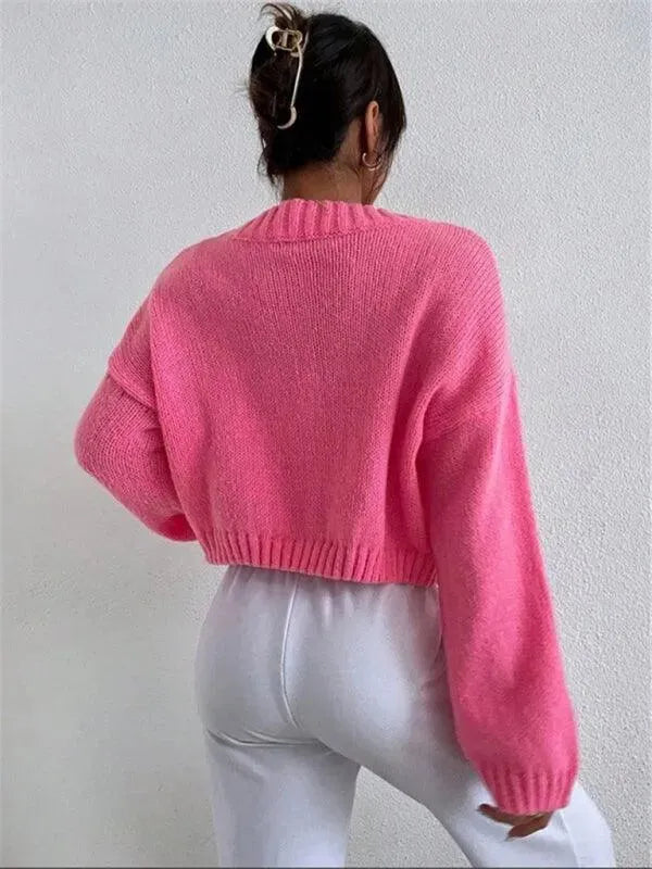 Women’s Cropped Graphic Cardigan Sweater – V-Neck Knit