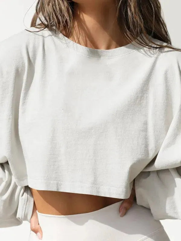 Women's Cropped Loose Crewneck Sweatshirt-Women Sweatshirt-LeStyleParfait