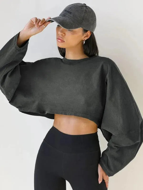 Women's Cropped Loose Crewneck Sweatshirt-Women Sweatshirt-LeStyleParfait