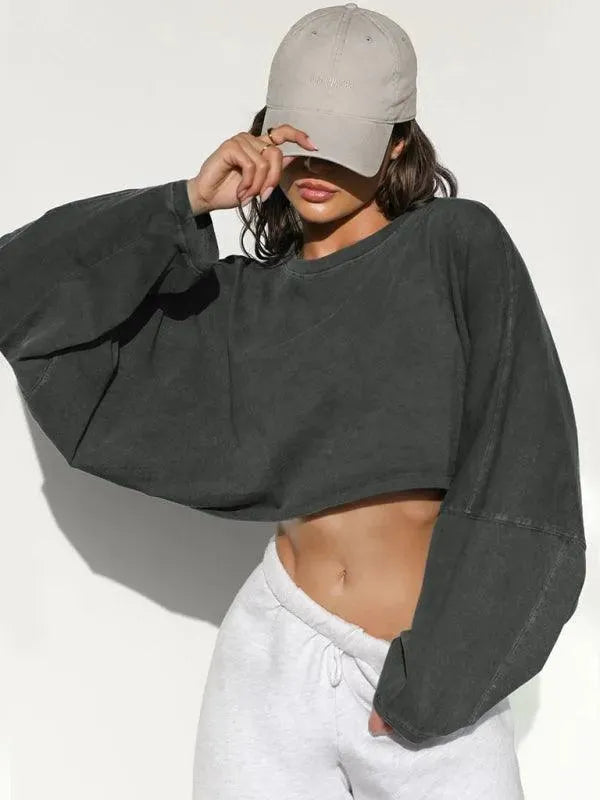 Women's Cropped Loose Crewneck Sweatshirt-Women Sweatshirt-LeStyleParfait
