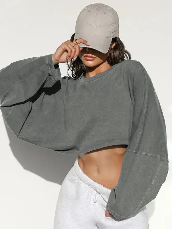 Women's Cropped Loose Crewneck Sweatshirt-Women Sweatshirt-LeStyleParfait