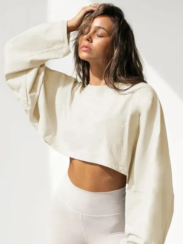 Women's Cropped Loose Crewneck Sweatshirt-Women Sweatshirt-LeStyleParfait