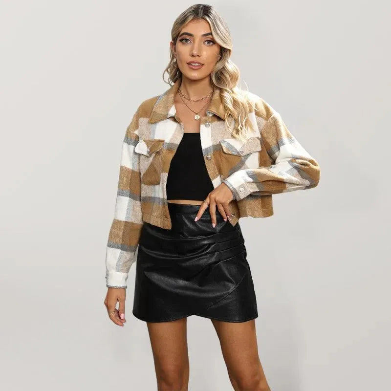 Women's Cropped Wool Lapel Shirt-Women's Shirts-LeStyleParfait