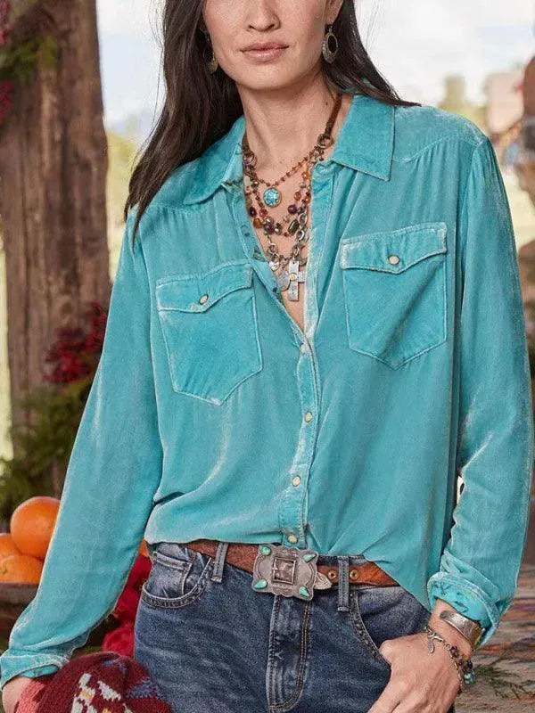 Women's Double Pocket Velvet Shirt-Women's Shirts-LeStyleParfait