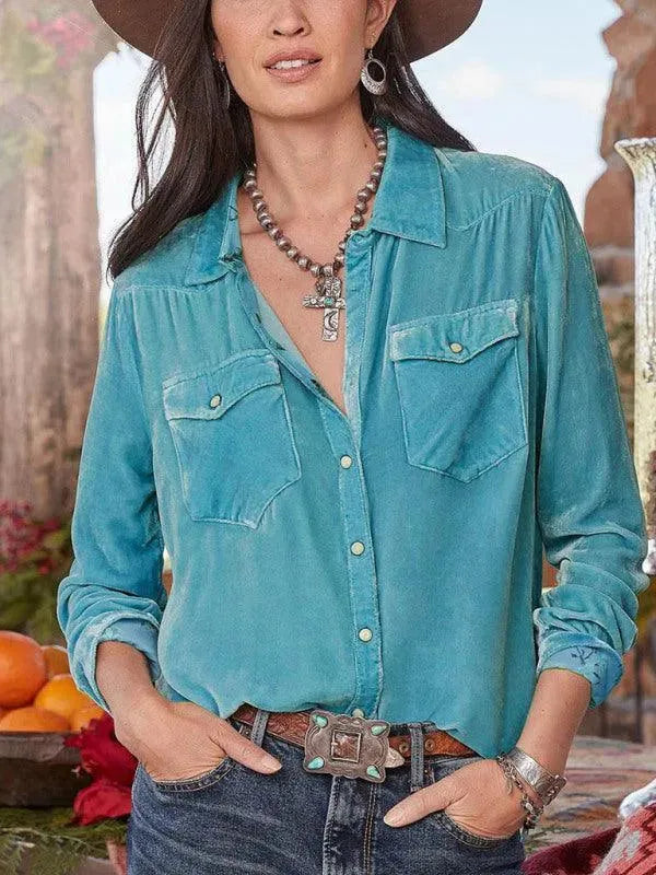 Women's Double Pocket Velvet Shirt-Women's Shirts-LeStyleParfait