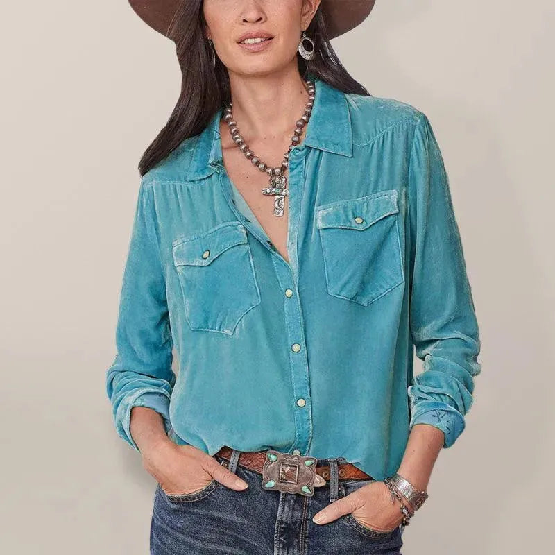 Women's Double Pocket Velvet Shirt-Women's Shirts-LeStyleParfait