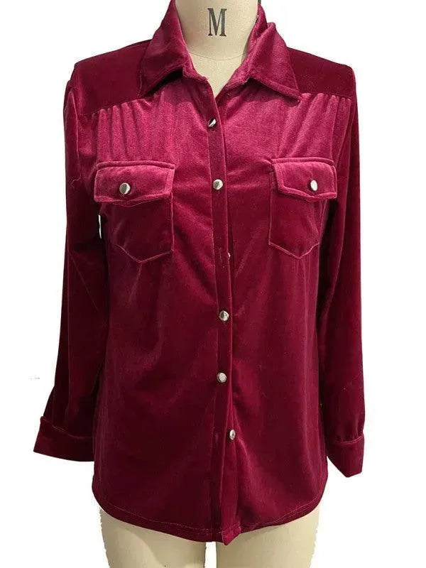 Women's Double Pocket Velvet Shirt-Women's Shirts-LeStyleParfait