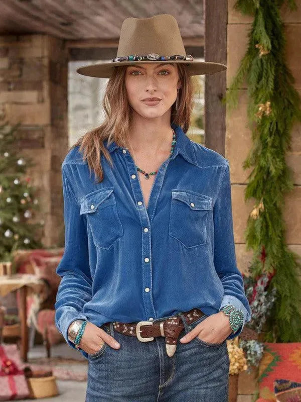 Women's Double Pocket Velvet Shirt-Women's Shirts-LeStyleParfait
