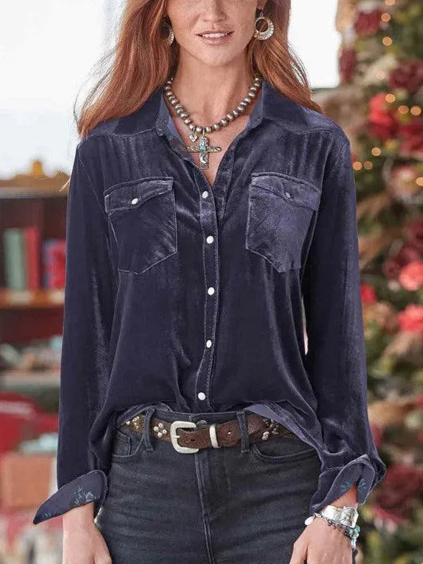 Women's Double Pocket Velvet Shirt-Women's Shirts-LeStyleParfait