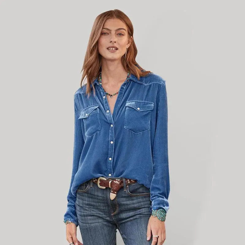 Women's Double Pocket Velvet Shirt-Women's Shirts-LeStyleParfait