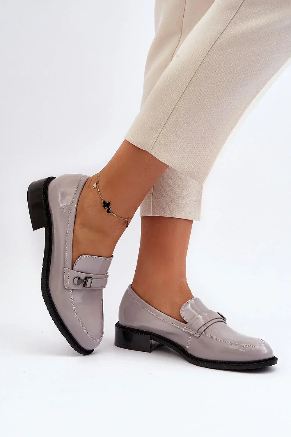 Women’s eco friendly grey and black moccasin loafers, classic women’s office moccasins for spring and autumn